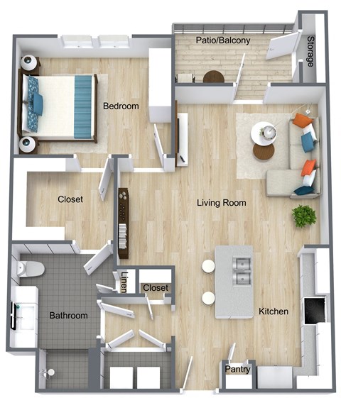 Floor plan for 1 bed, 1 bath, 764 sqft